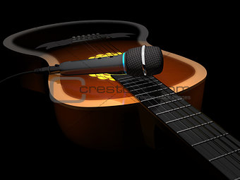 Acoustic guitar and microphone on a dark background (3d illustra