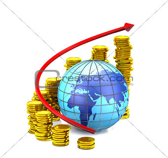Globe, gold coins and red arrow.