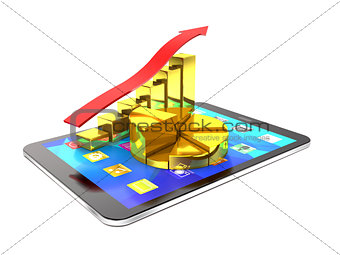 Tablet pc and diagram of golden bars and red arrow.