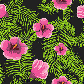 Tropical jungle palm leaves hibiscus pattern.