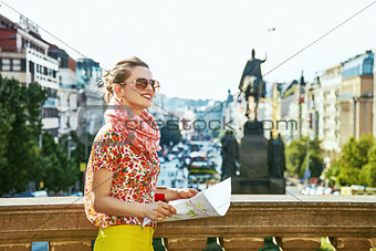woman on Vaclavske namesti in Prague Czech Republic sightseeing