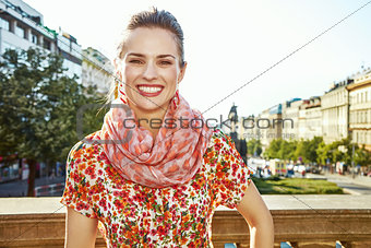 tourist woman on Wenceslas Square in Prague Czech Republic