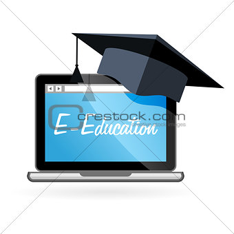 Distance learning - laptop and academic hat, e-education 