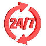 Red 24 hours 7 days a week sign. 3D