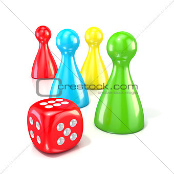 Board game figures with red dice. 3D