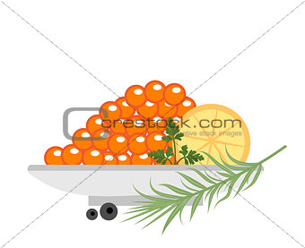 Red caviar in a plate with lemon and green icons. Flat style, isolated on white background. Vector illustration, clip art.