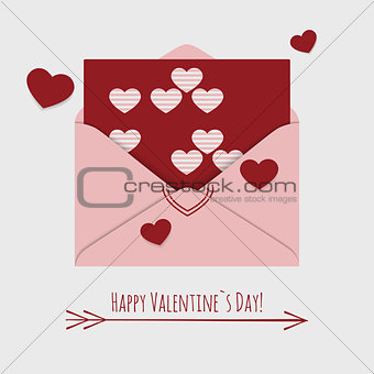 Happy Valentines day card with envelope and flying hearts