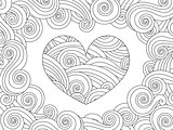 Coloring page with heart and wave curly ornament.