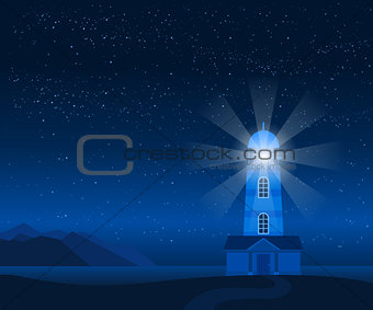 Sea landscape with silhouette of lighthouse at night