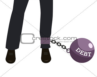 Weight of debt chained to businessman leg