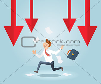 Businessman running out of business arrow falling