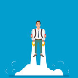 Happy businessman flying on jetpacks to his goal