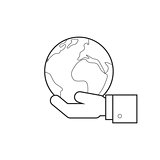 Hand holding globe line icon
