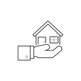 Hand holding house line icon