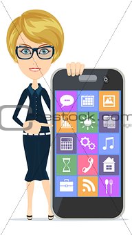Smiling woman is pointing on smartphone