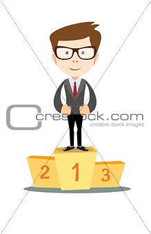 Businessman proudly standing on the winning podium