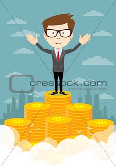 man standing on the huge money staircase