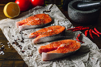 Three Salmon Steaks Prepared for Cooking