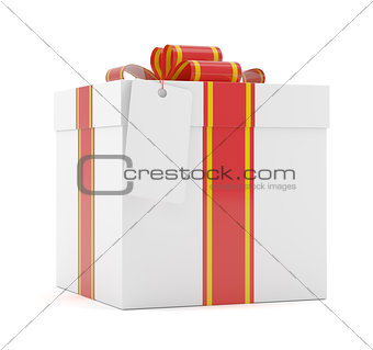 Gift box with red ribbon bow and label