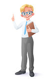 Vector clever young school boy with eyeglasses finger pointing up.