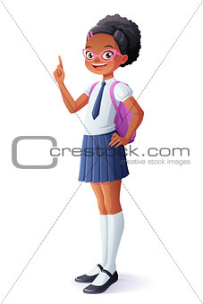Vector pretty African schoolgirl got idea and finger pointing up.