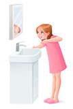 Vector young girl brushing her teeth next to mirror.