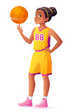 Vector young African basketball player girl spinning ball on finger.