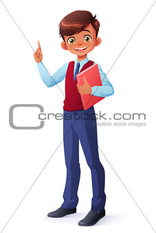 Vector smart smiling schoolboy index finger pointing up with idea.