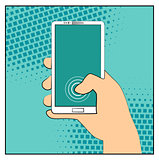 Comic smartphone phone with halftone shadows. Hand holding smartphone. Pop art retro style. Flat design. Vector illustration eps 10