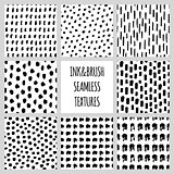 Set of eight seamless black and white vector free hand doodle textures, dry brush ink art.