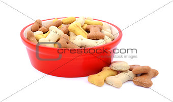 Dry dog food in a red bowl, biscuits spilled beside