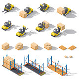 Storage equipment isometric icon set. Presented forklifts in various combinations, warehouse racks, pallets with goods.