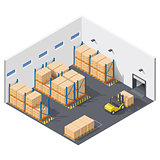 Element infographic presents work inside the warehouse, shipment of goods is carried out with a forklift