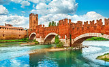 Bridge with archs Castelvecchio over river Adige