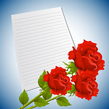 Greeting or invitation card with bouquet of red roses and sheet  paper.