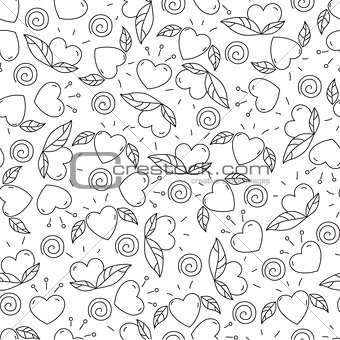 doodle elements for Valentines day. hearts and leaves.vector seamless pattern. design for coloring page.