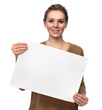 Woman showing blank banner