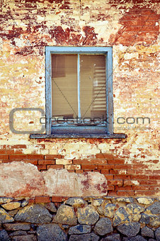 Rustic old blue wooden cottage window frame