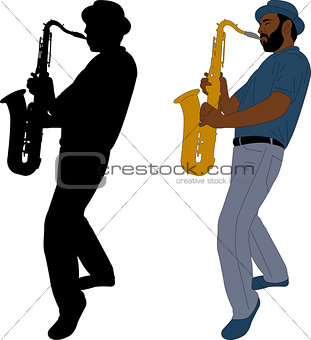 musician plays saxophone illustration and silhouette