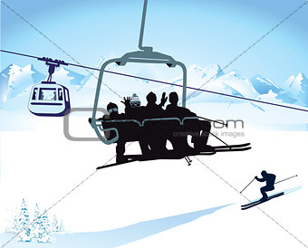Skiing and chairlift in winter