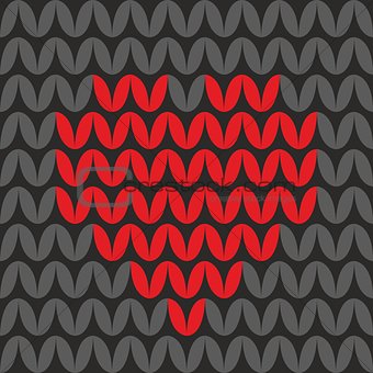 Tile knitting vector pattern with red heart on black background