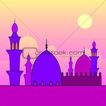 Landscape with mosques and sunset.