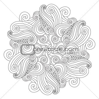 Fantasy Graphic Mandala with waves and curles. Zentangle inspired style.