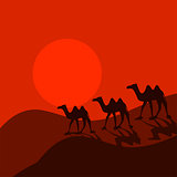 Camel caravan in desert cartoon vector.