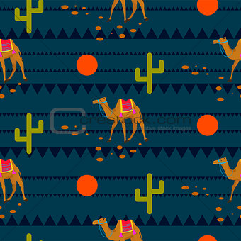 Desert camels on ethnic night blue pattern.