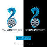 Seahorse movie concept with film reel. Isolated vector illustrat