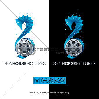 Seahorse movie concept with film reel. Isolated vector illustrat