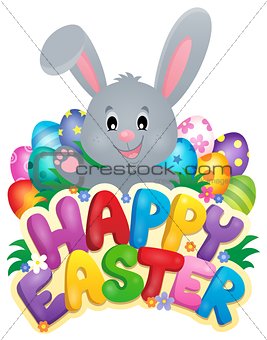 Happy Easter sign with bunny and eggs