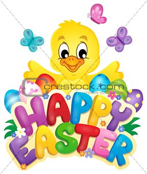 Happy Easter sign with chicken and eggs