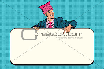 Retro businessman in a pussy hat indicates information Billboard